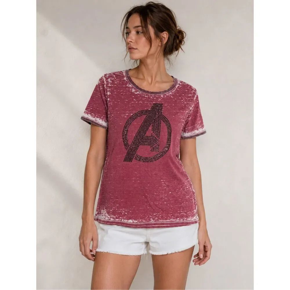 Marvel Avengers Rhinestone Logo Pink Burnout Graphic T Shirt Womens M